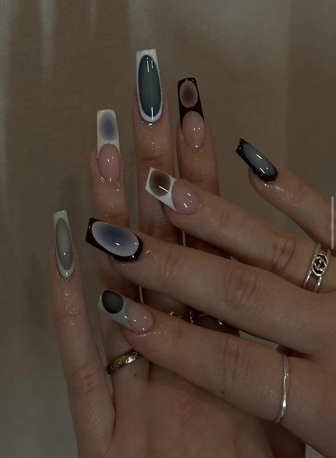 SINHOT French Tip Press on Nails Long Square Fake Nails Blue Chrome Acrylic Nails Glossy Glue on Nails Squoval Artificial Nails Stick on False Nails with Design 24 pcs - Image 1